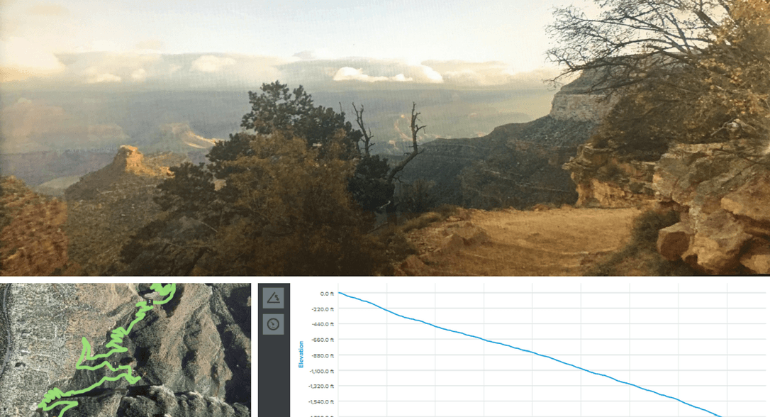 screenshots of the iFit Grand Canyon workout: a Google Street View, a satellite view, and an elevation graph.