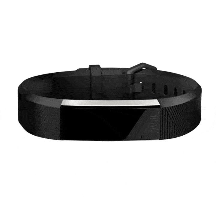 Black Fitbit fitness tracker displaying daily steps taken