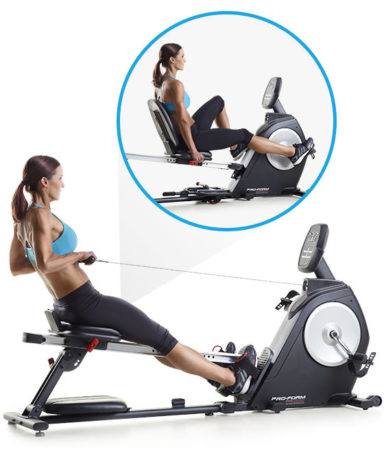 proform-dual-trainer-bike-rower-twenty-four-pre-programmed-workouts-built-in-target-pacer-ergonomic-features-lady-pulling-on-bike-rower-with-inset-photo