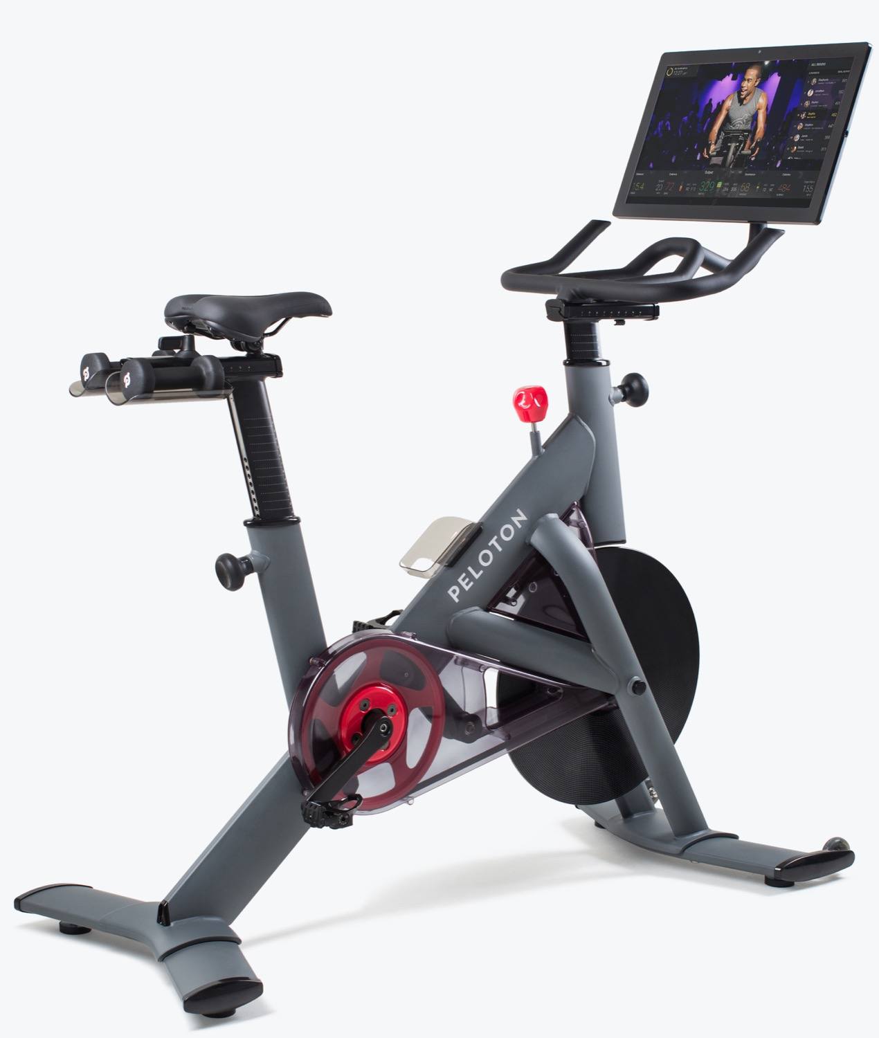 Black and Red Peloton workout bike with HD display screen