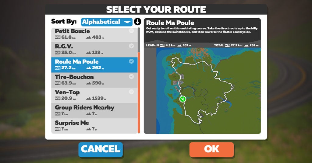zwift route selection