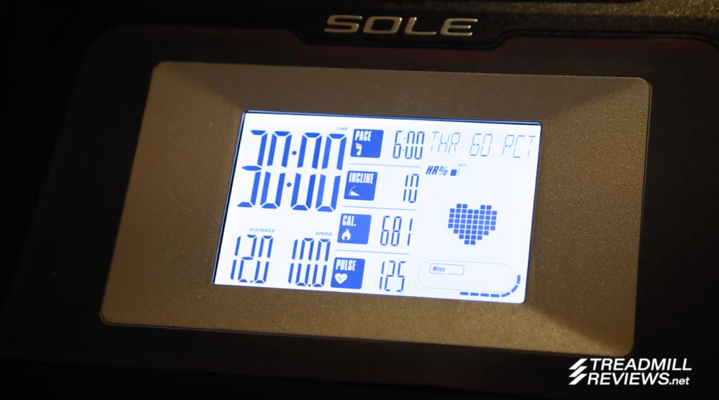 Close-up of LCD display screen on the Sole F63 treadmill